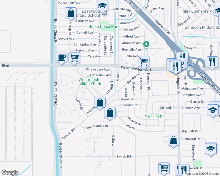 map of restaurants, bars, coffee shops, grocery stores, and more near 14171 Uxbridge Street in Westminster
