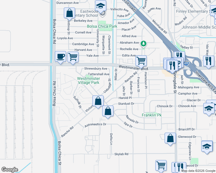 map of restaurants, bars, coffee shops, grocery stores, and more near 14171 Uxbridge Street in Westminster