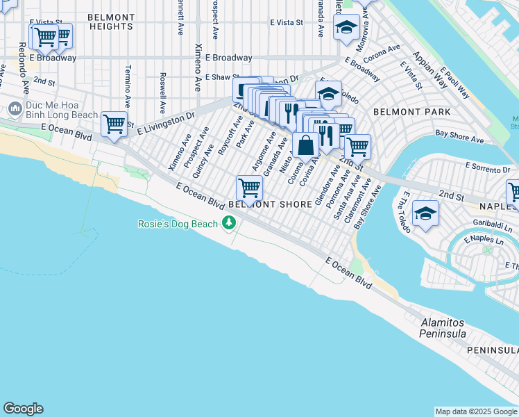 map of restaurants, bars, coffee shops, grocery stores, and more near 33 Nieto Avenue in Long Beach