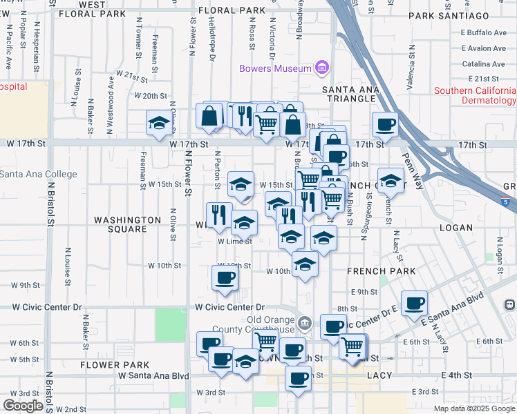 map of restaurants, bars, coffee shops, grocery stores, and more near 1327 North Ross Street in Santa Ana