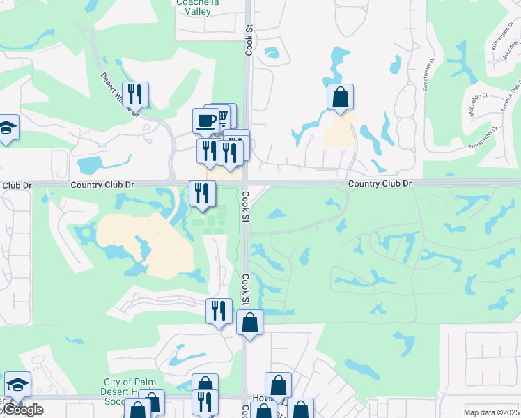 map of restaurants, bars, coffee shops, grocery stores, and more near 2 Lost River Drive in Palm Desert