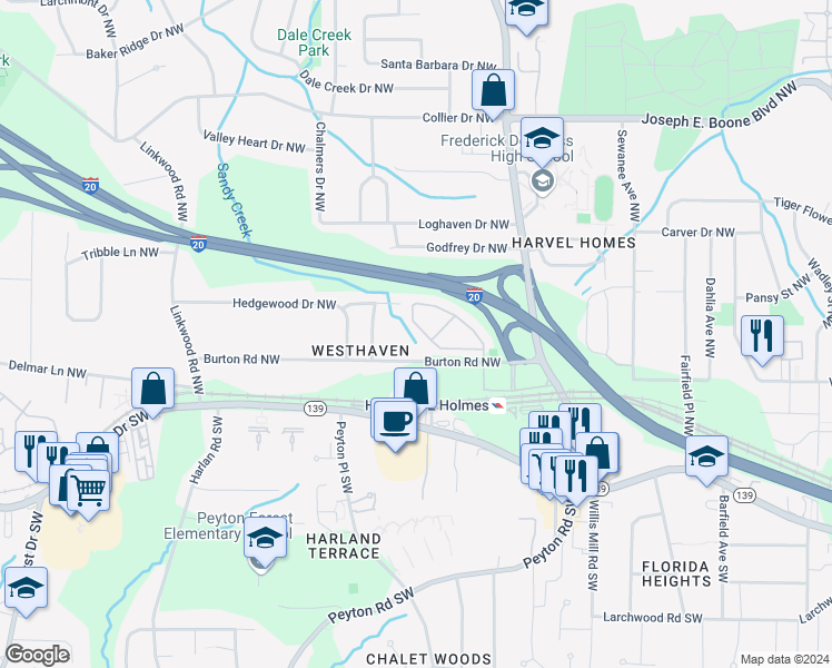 map of restaurants, bars, coffee shops, grocery stores, and more near 2532 Laurel Circle Northwest in Atlanta