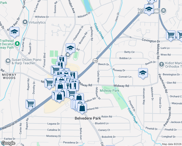 map of restaurants, bars, coffee shops, grocery stores, and more near 3683 Memorial Drive in Decatur