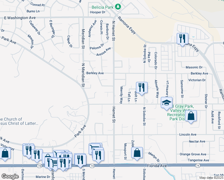 map of restaurants, bars, coffee shops, grocery stores, and more near 4406 Wanda Circle in Hemet