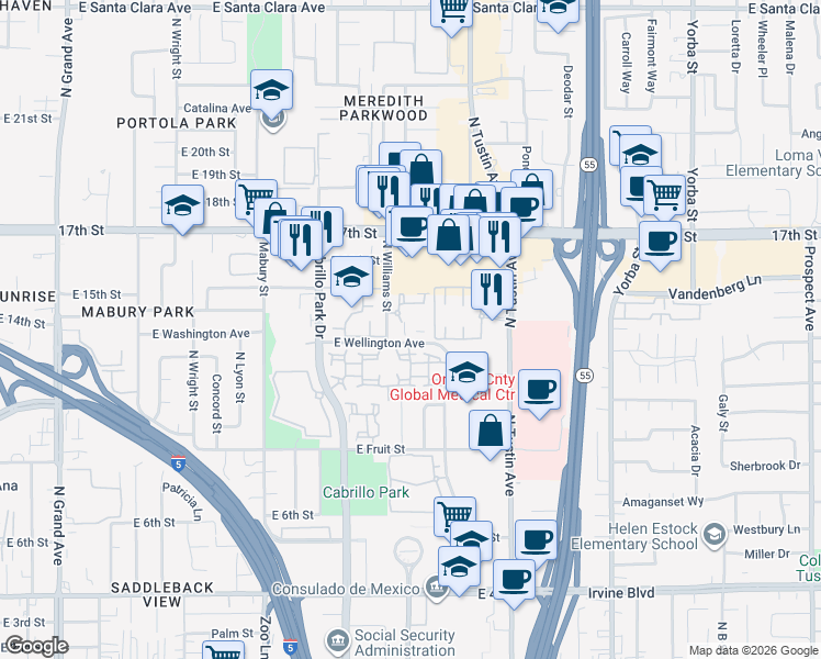 map of restaurants, bars, coffee shops, grocery stores, and more near 2002 Pope Court in Santa Ana