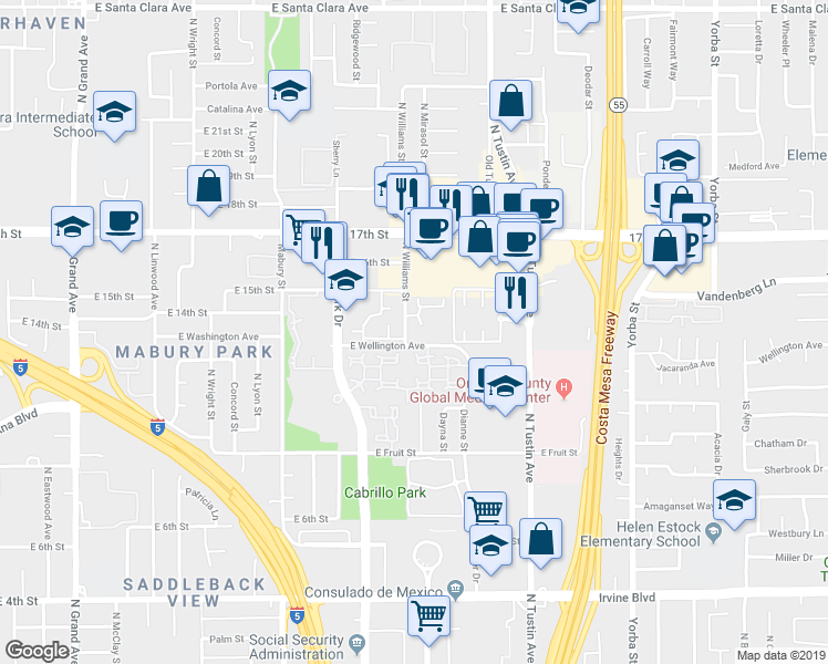 map of restaurants, bars, coffee shops, grocery stores, and more near 2002 Pope Court in Santa Ana