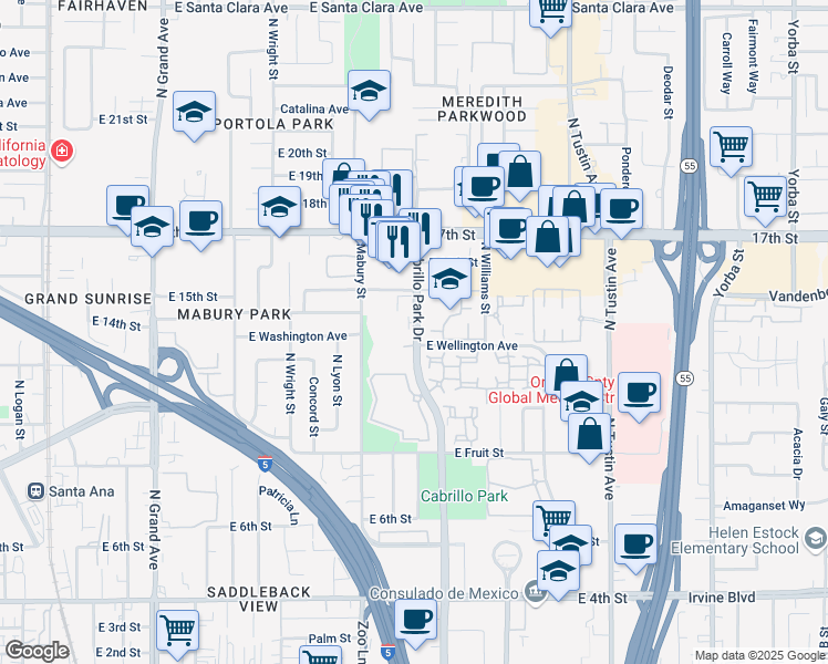 map of restaurants, bars, coffee shops, grocery stores, and more near 1259 Cabrillo Park Drive in Santa Ana