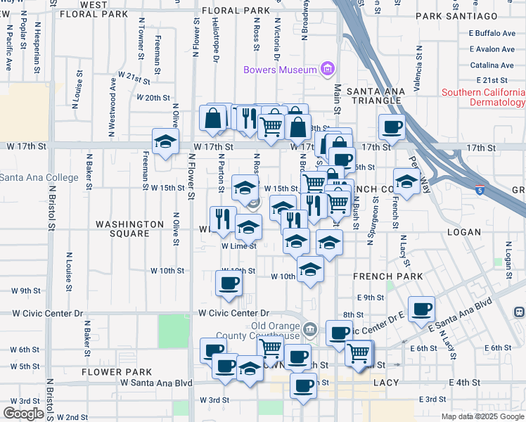 map of restaurants, bars, coffee shops, grocery stores, and more near 405 West Washington Avenue in Santa Ana