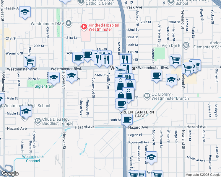 map of restaurants, bars, coffee shops, grocery stores, and more near 7873 13th Street in Westminster