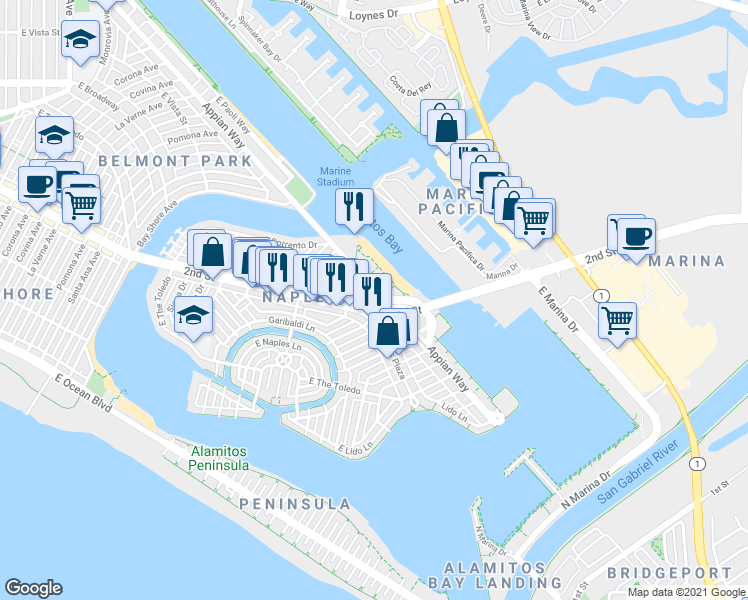 map of restaurants, bars, coffee shops, grocery stores, and more near 5826 East Naples Plaza in Long Beach