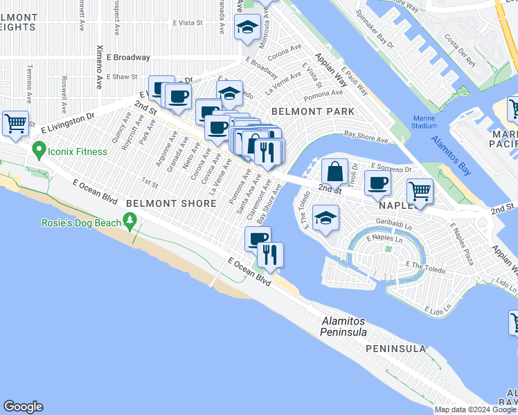 map of restaurants, bars, coffee shops, grocery stores, and more near 123 Bay Shore Avenue in Long Beach