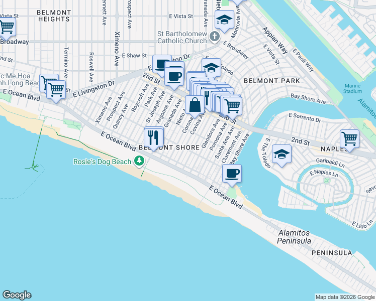 map of restaurants, bars, coffee shops, grocery stores, and more near 40 La Verne Avenue in Long Beach