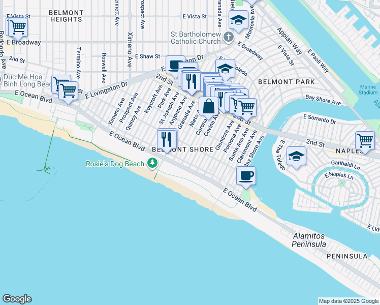 map of restaurants, bars, coffee shops, grocery stores, and more near 5225 East Ocean Boulevard in Long Beach