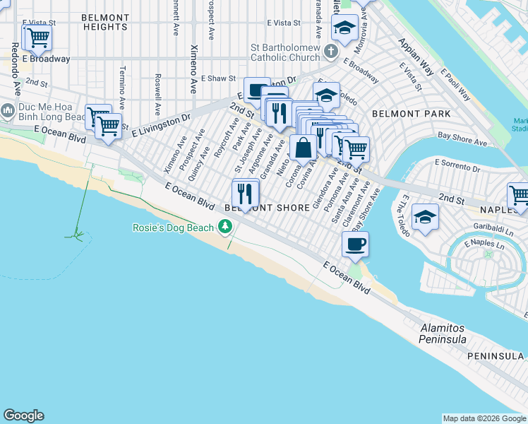map of restaurants, bars, coffee shops, grocery stores, and more near 5225 East Ocean Boulevard in Long Beach