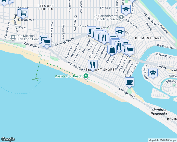 map of restaurants, bars, coffee shops, grocery stores, and more near 5102 East Ocean Boulevard in Long Beach