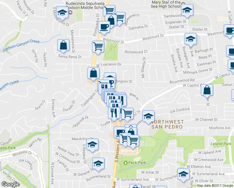 map of restaurants, bars, coffee shops, grocery stores, and more near 28926 South Western Avenue in Rancho Palos Verdes