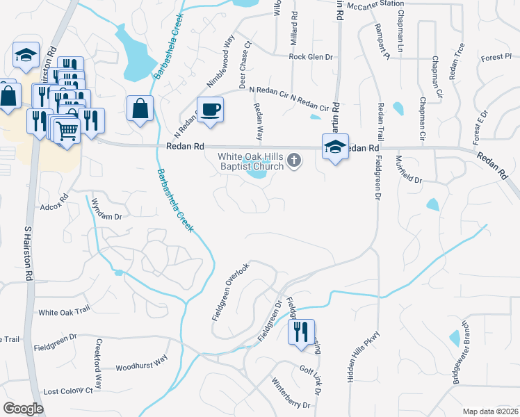 map of restaurants, bars, coffee shops, grocery stores, and more near 5028 Golfbrook Drive in Stone Mountain