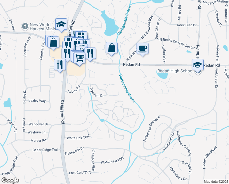 map of restaurants, bars, coffee shops, grocery stores, and more near 1262 Guinness Court in Stone Mountain
