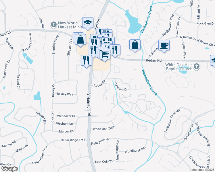 map of restaurants, bars, coffee shops, grocery stores, and more near 1248 Adcox Road in Stone Mountain