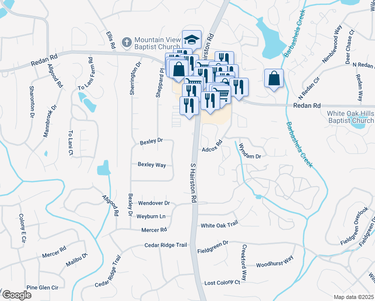 map of restaurants, bars, coffee shops, grocery stores, and more near 1323 South Hairston Road in Stone Mountain