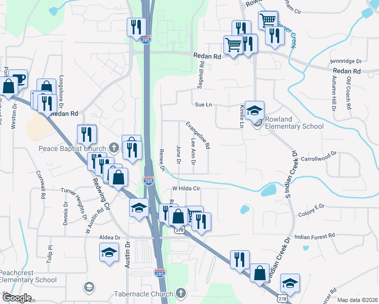 map of restaurants, bars, coffee shops, grocery stores, and more near 1265 Lee Ann Drive in Decatur