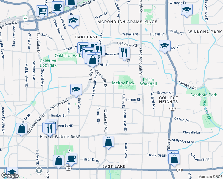 map of restaurants, bars, coffee shops, grocery stores, and more near 633 Mckoy Street in Decatur