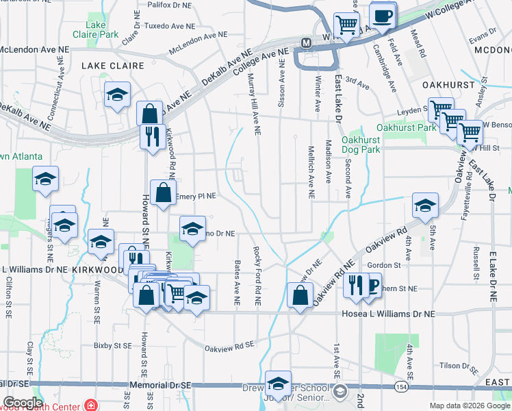 map of restaurants, bars, coffee shops, grocery stores, and more near 131 Rockyford Road Northeast in Atlanta