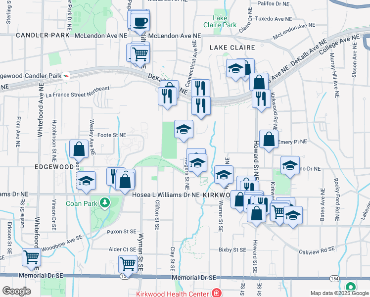 map of restaurants, bars, coffee shops, grocery stores, and more near 1721 Edgehill Manor Street Northeast in Atlanta