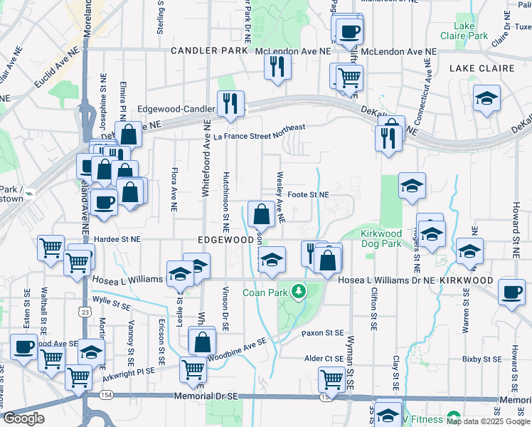 map of restaurants, bars, coffee shops, grocery stores, and more near 90 Mayson Avenue Northeast in Atlanta