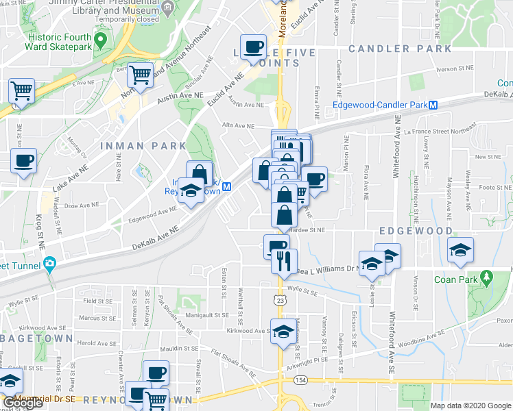 map of restaurants, bars, coffee shops, grocery stores, and more near 1119 Kensington Street Northeast in Atlanta