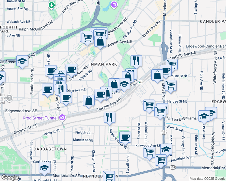 map of restaurants, bars, coffee shops, grocery stores, and more near 937 Edgewood Avenue Northeast in Atlanta
