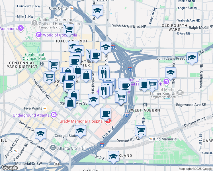 map of restaurants, bars, coffee shops, grocery stores, and more near 60 Piedmont Avenue Northeast in Atlanta