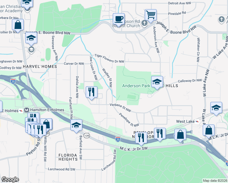 map of restaurants, bars, coffee shops, grocery stores, and more near 2243 Penelope Street Northwest in Atlanta