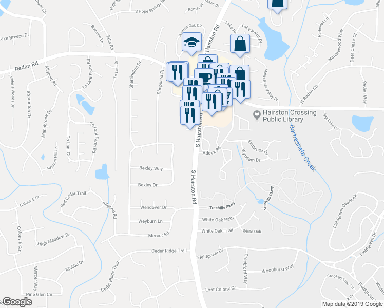 map of restaurants, bars, coffee shops, grocery stores, and more near 1323 South Hairston Road in Stone Mountain
