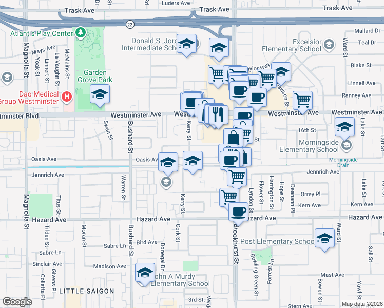 map of restaurants, bars, coffee shops, grocery stores, and more near 9781 Oasis Avenue in Garden Grove
