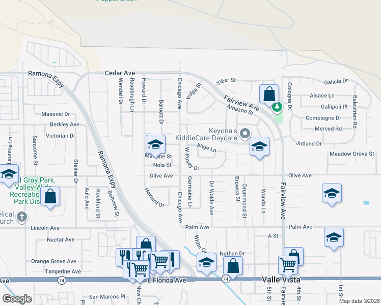 map of restaurants, bars, coffee shops, grocery stores, and more near 25156 West Posey Drive in Hemet