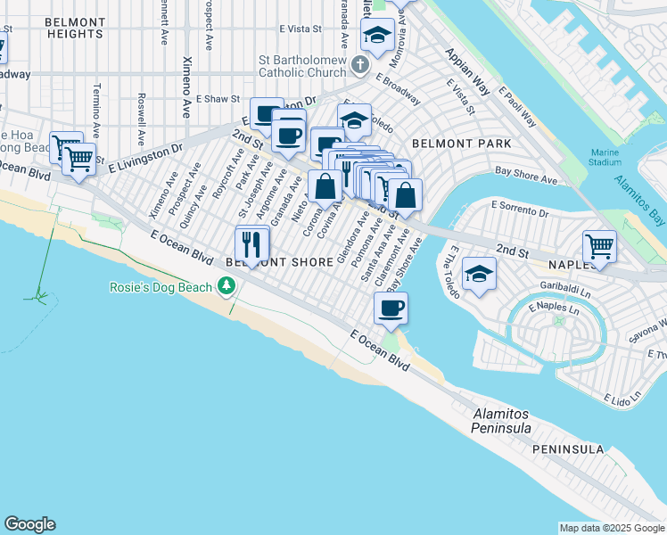 map of restaurants, bars, coffee shops, grocery stores, and more near 70 Pomona Avenue in Long Beach