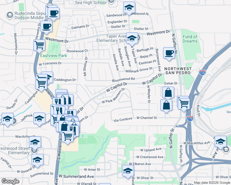 map of restaurants, bars, coffee shops, grocery stores, and more near 1129 West Capitol Drive in Los Angeles