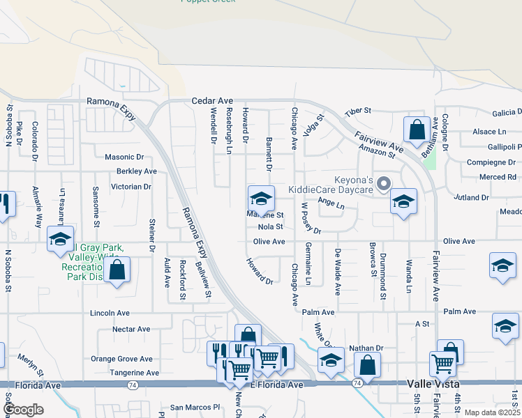 map of restaurants, bars, coffee shops, grocery stores, and more near 43360 Marlene Street in Hemet