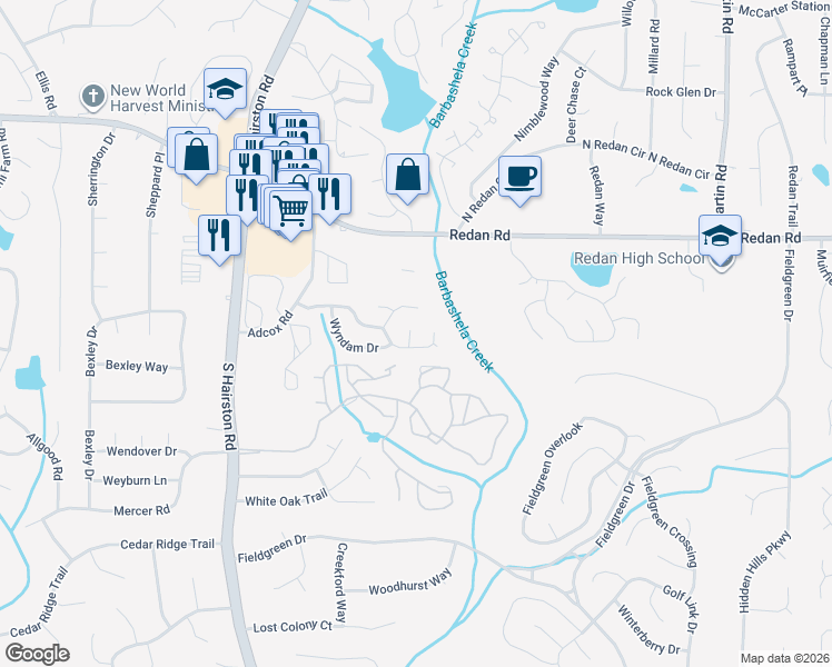 map of restaurants, bars, coffee shops, grocery stores, and more near 1262 Guinness Court in Stone Mountain