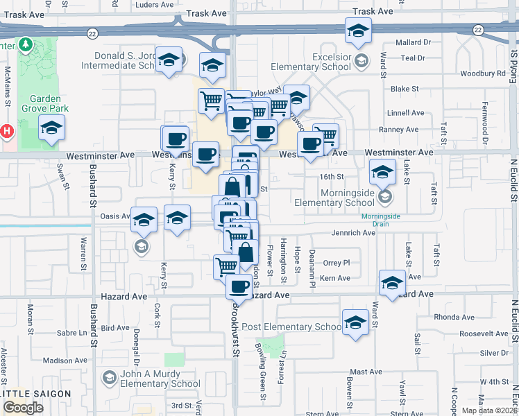 map of restaurants, bars, coffee shops, grocery stores, and more near 14171 Flower Street in Garden Grove