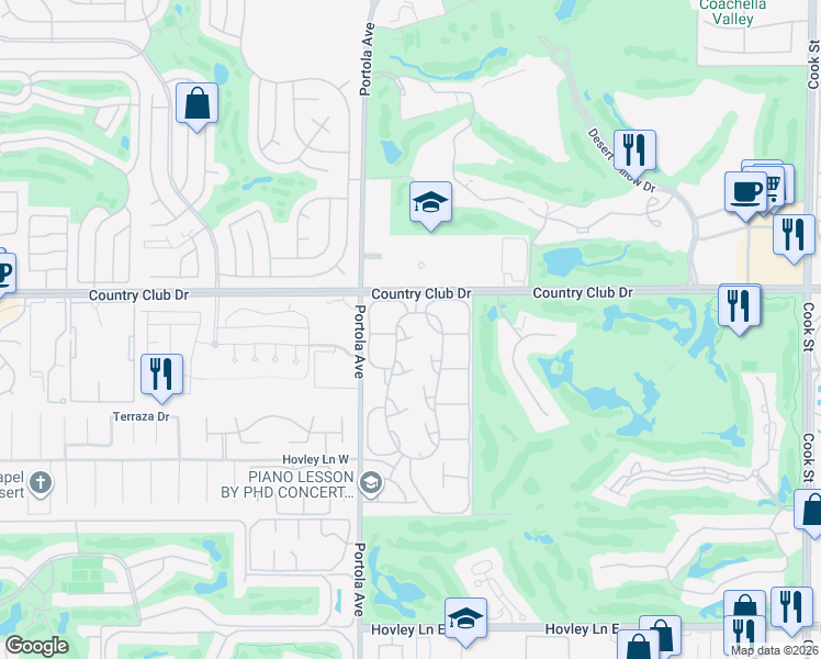 map of restaurants, bars, coffee shops, grocery stores, and more near 15 Las Cruces Lane in Palm Desert