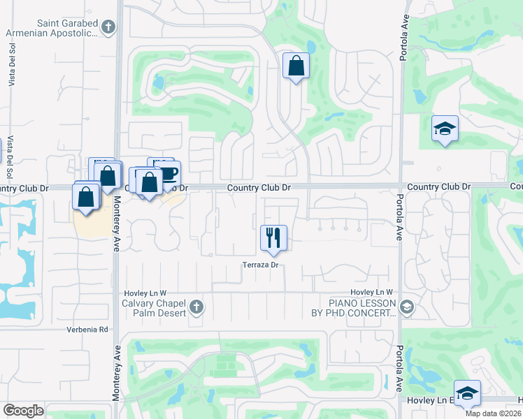map of restaurants, bars, coffee shops, grocery stores, and more near 73373 Country Club Drive in Palm Desert
