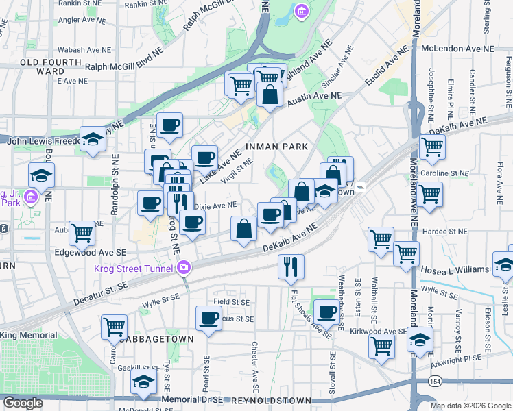 map of restaurants, bars, coffee shops, grocery stores, and more near 886 Edgewood Avenue Northeast in Atlanta