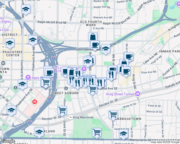 map of restaurants, bars, coffee shops, grocery stores, and more near 100 Boulevard Northeast in Atlanta