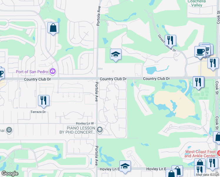 map of restaurants, bars, coffee shops, grocery stores, and more near 15 Las Cruces Lane in Palm Desert
