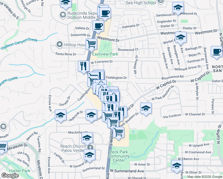map of restaurants, bars, coffee shops, grocery stores, and more near 1450 Brett Place in Los Angeles County