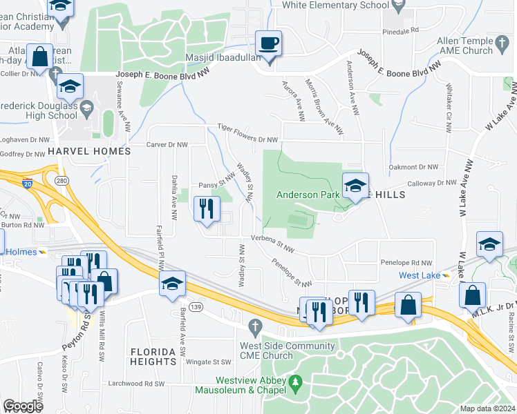 map of restaurants, bars, coffee shops, grocery stores, and more near 2243 Penelope Street Northwest in Atlanta