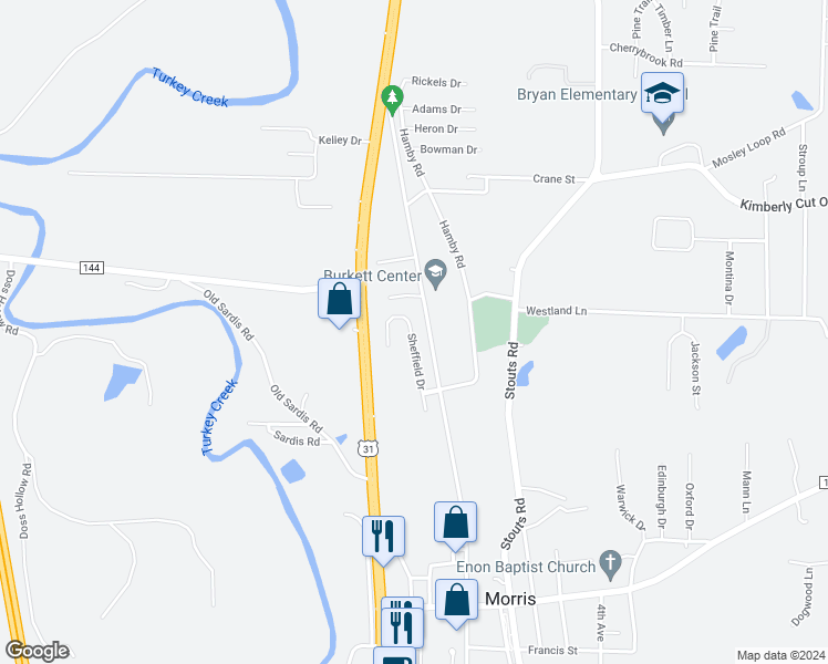 map of restaurants, bars, coffee shops, grocery stores, and more near 8604 Old Highway 31 in Morris