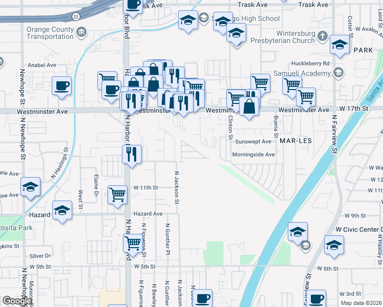 map of restaurants, bars, coffee shops, grocery stores, and more near 3424 West Washington Avenue in Santa Ana